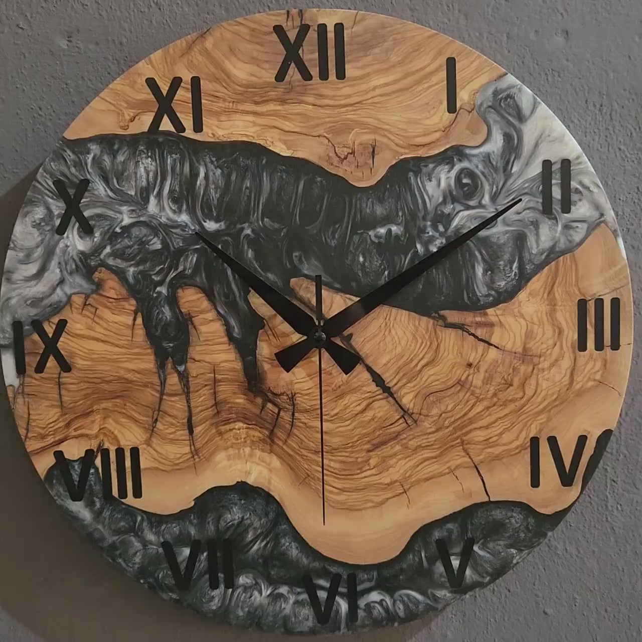 Black & White Epoxy Resin Olive Wood Wall Clock | Live Edge Design