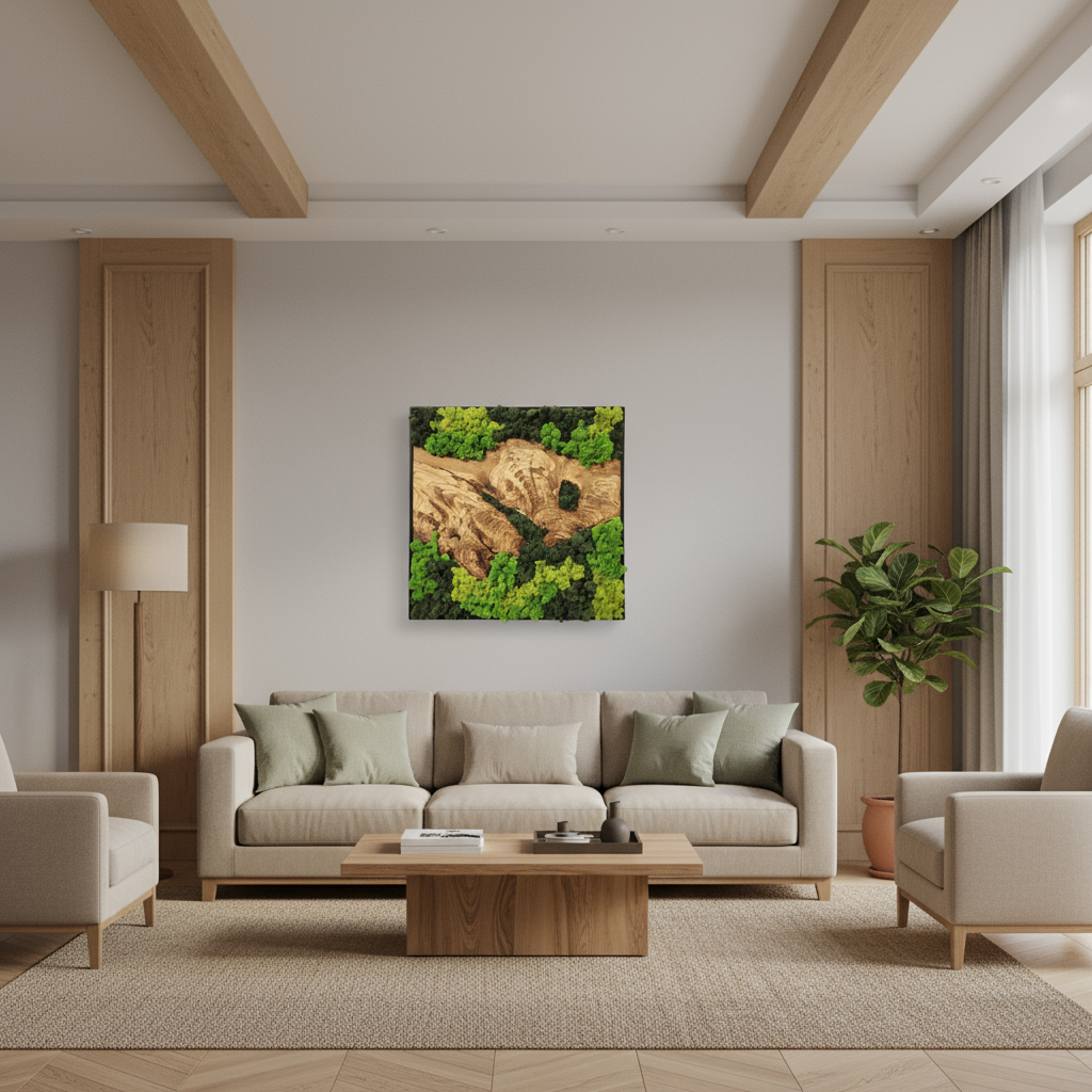 Custom Moss and Olive Wood Wall Art | Metal Frame | Preserved Moss Decor